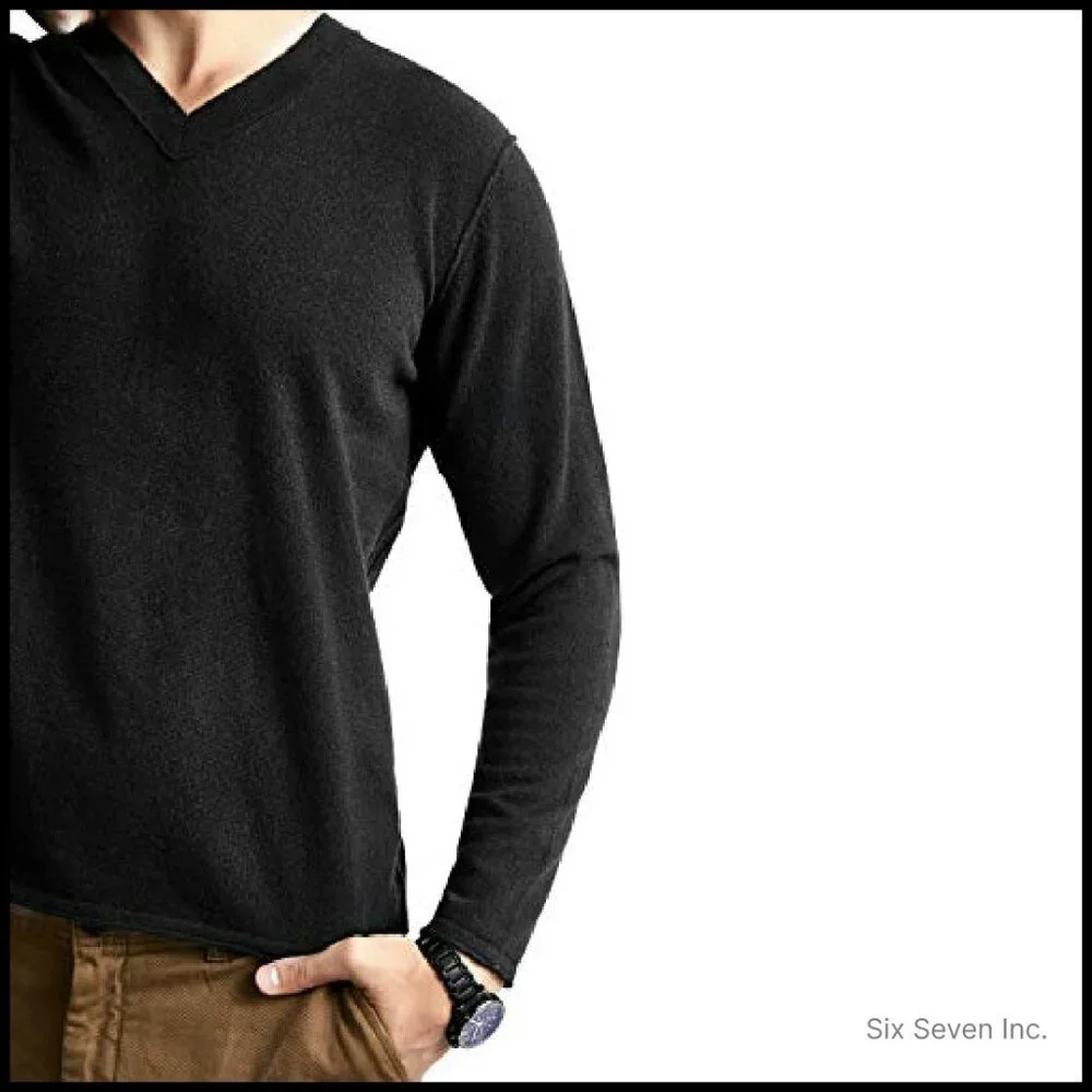 Men's V-Neck Cashmere Sweater Long Sleeve Pullover Classic Elegant Minimal